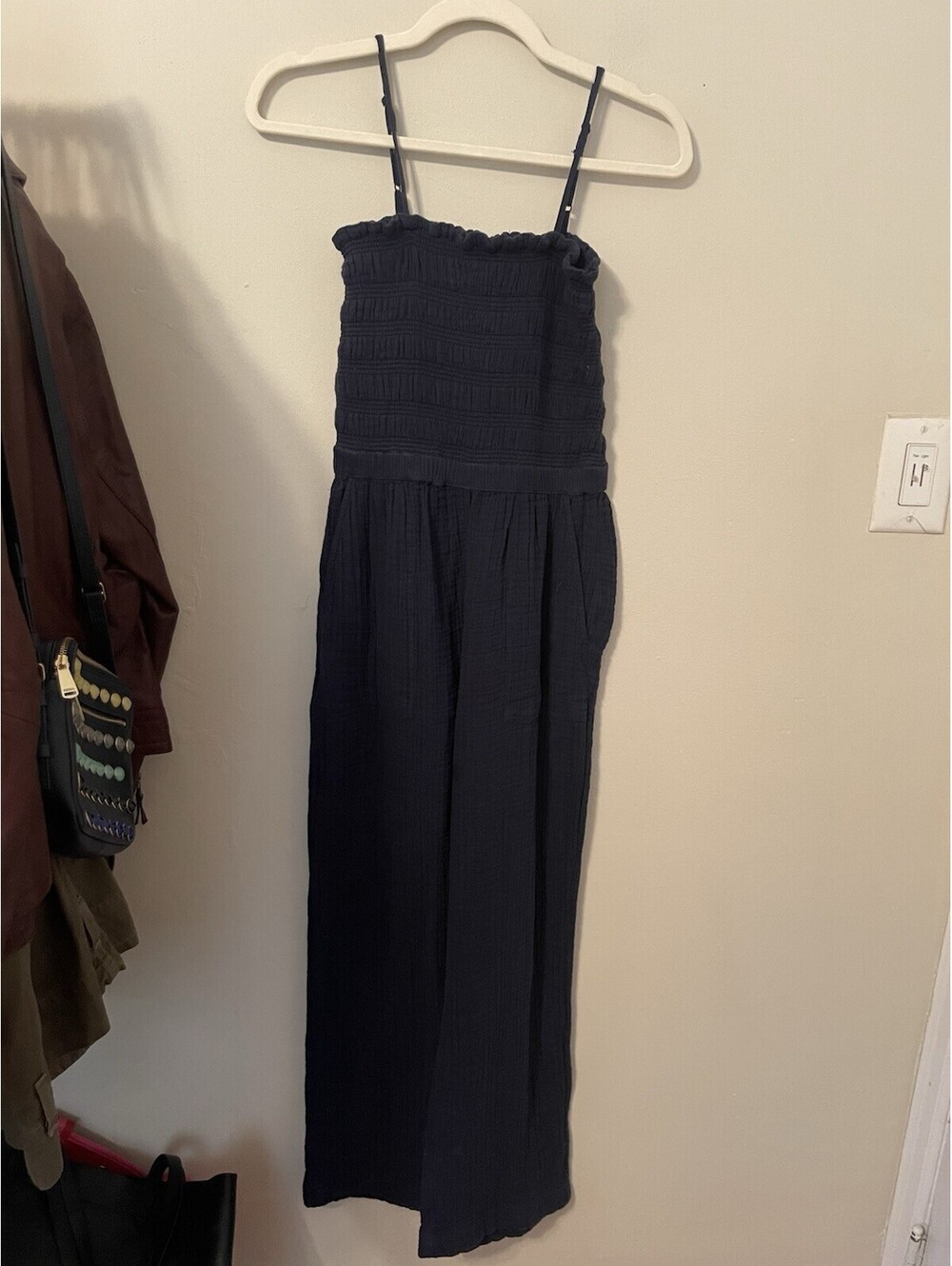 Lou & Grey Jumpsuit Navy Blue Sleeveless Wide Leg Smocked XS Gauze Cotton NEW